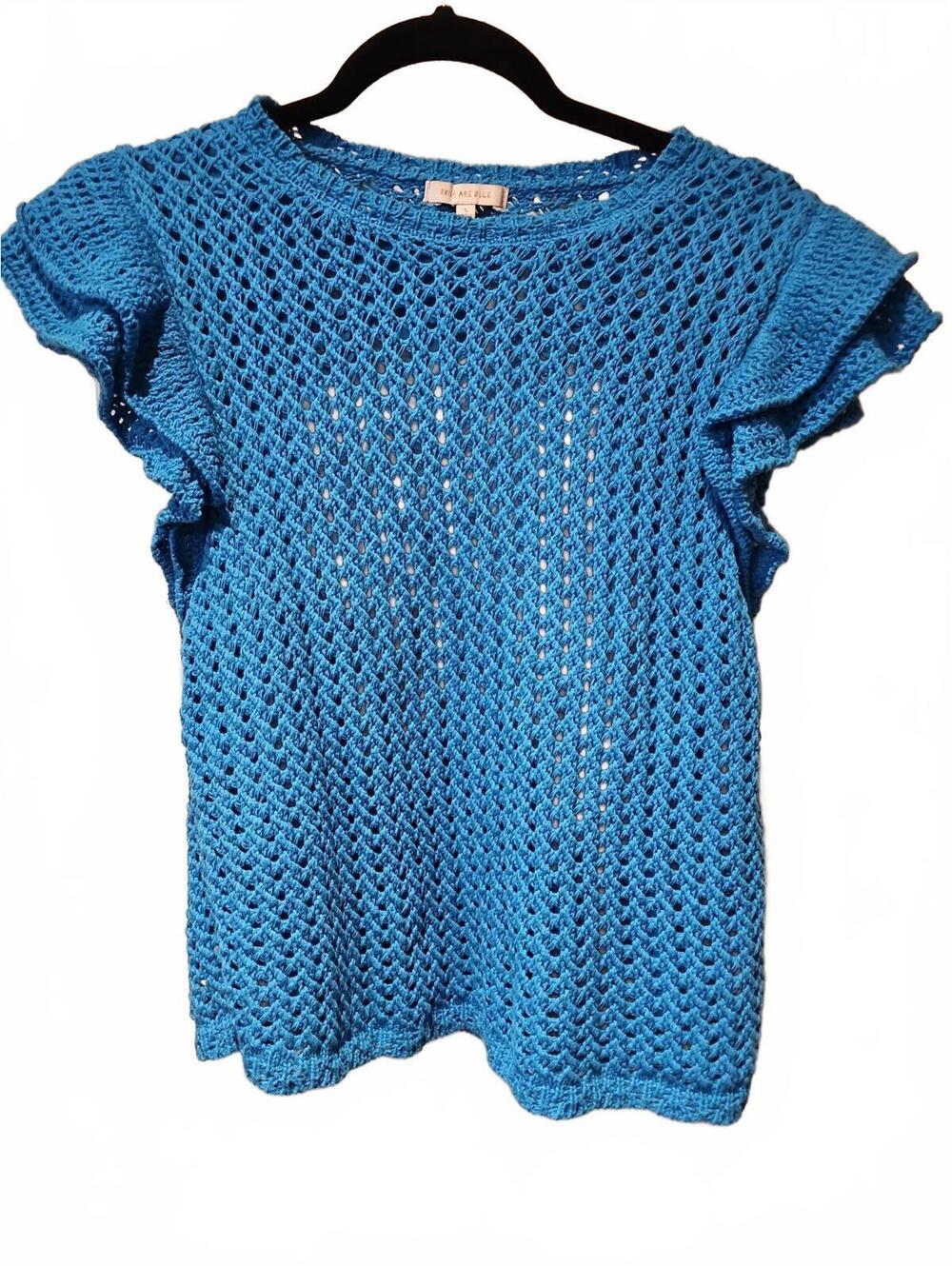 Skies Are Blue Blue Crochet Ruffle Sleeve Lined Blouse Size Small
